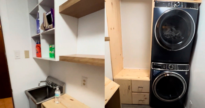 New floor, water proof, Sheetrock, paint, plumbing, we made the Rectangular Shelf Board and cabinets.